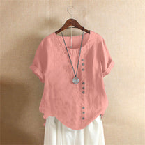 Elegant short-sleeve blouse featuring a stylish round neckline, perfect for casual and formal occasions. 0