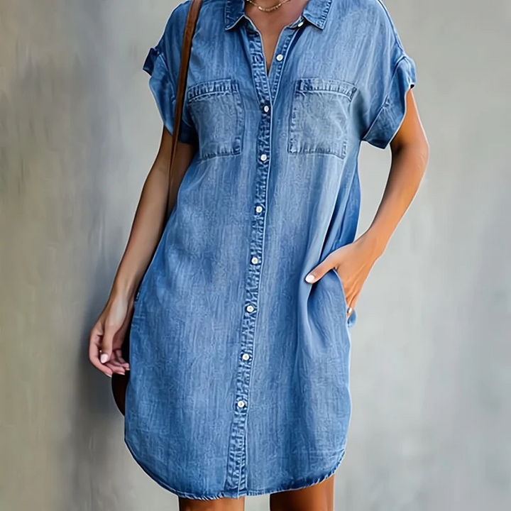 Zoe Lightweight Denim Dress with Belly Coverage
